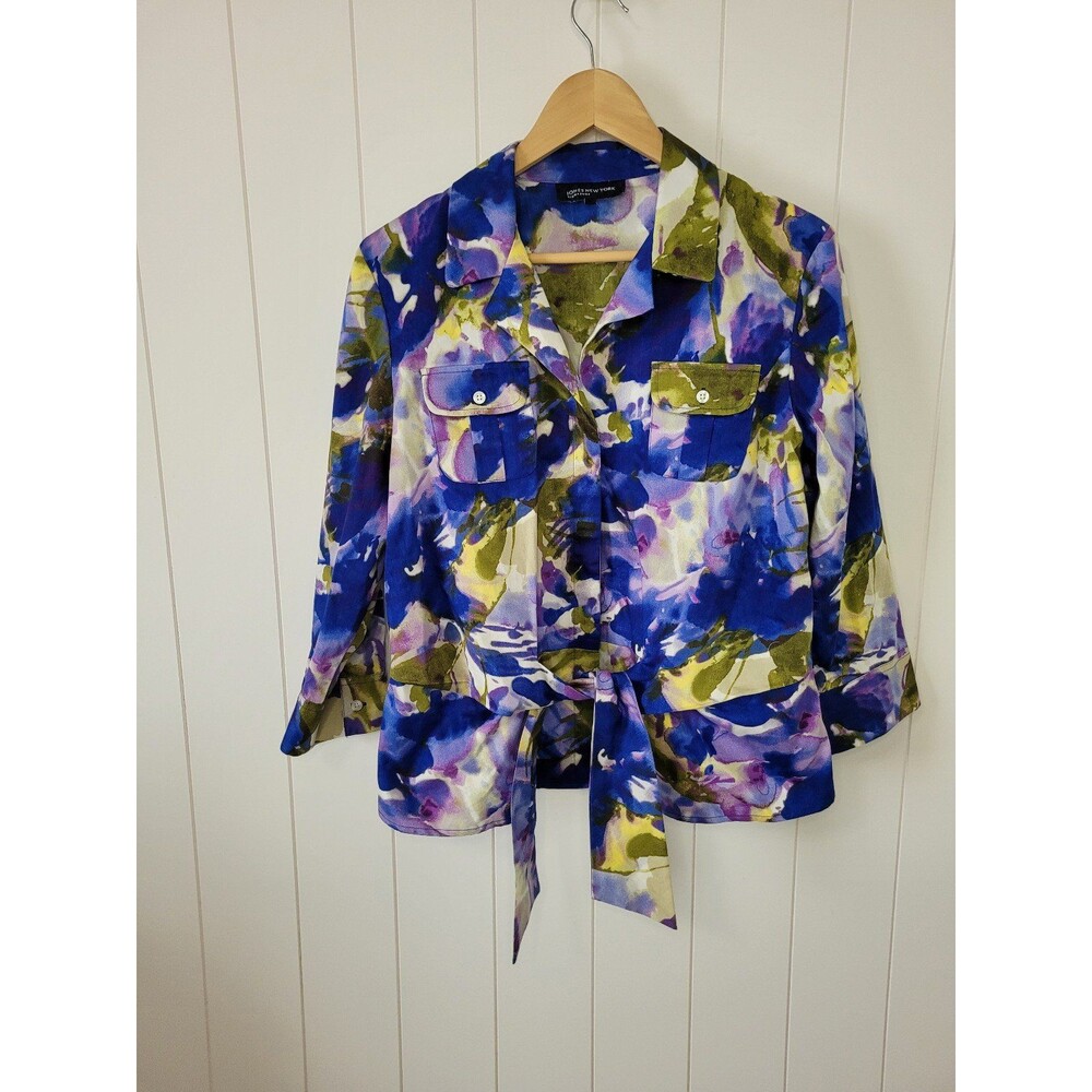 Jones New York Top Size Large Floral Blue Purple Tie Waist